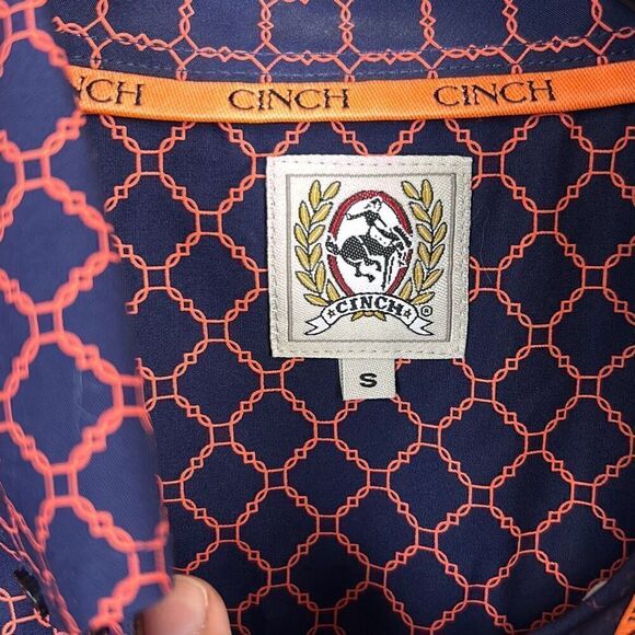 Cinch Button Down Shirt Mens Size Small Navy Blue Orange Print Long Sleeve - Picture 3 of 6